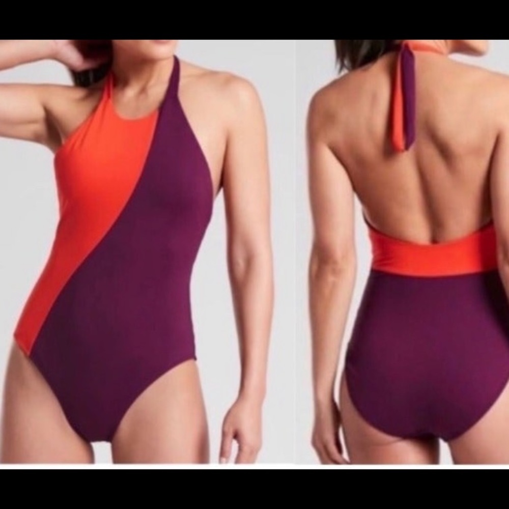 Athletes purple and red color block halter swimsuit size M